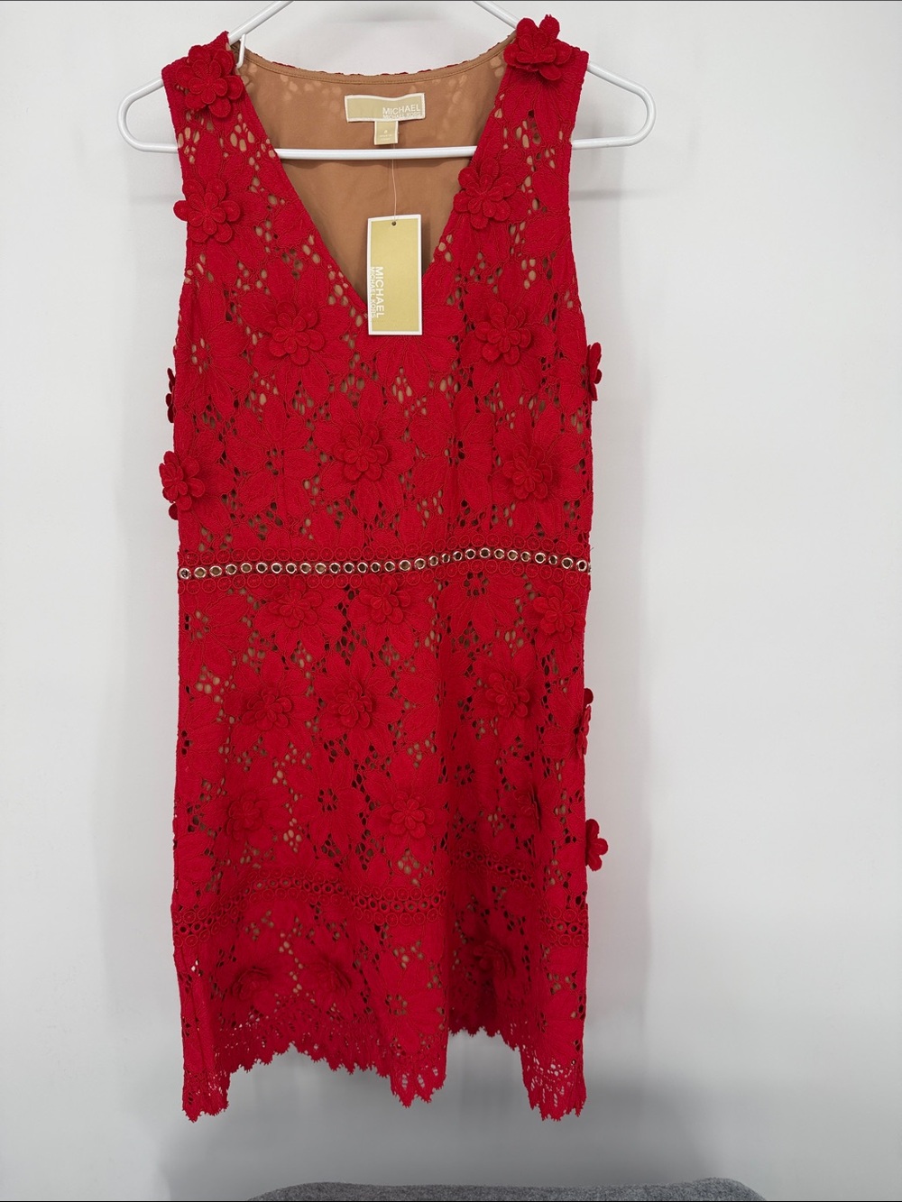 Michael Kors Scarlet Red Floral Lace Appliqué Dress NWT size 8